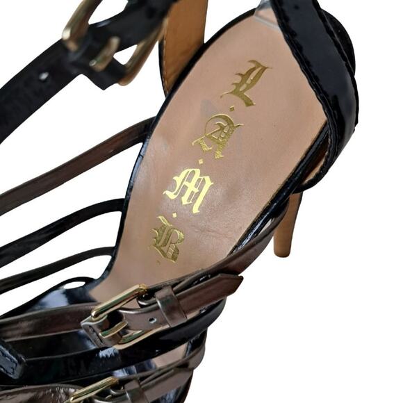 L.A.M.B. Black Patent Leather LaDonna Strappy Stillito Heels Sandals - Picture 10 of 10